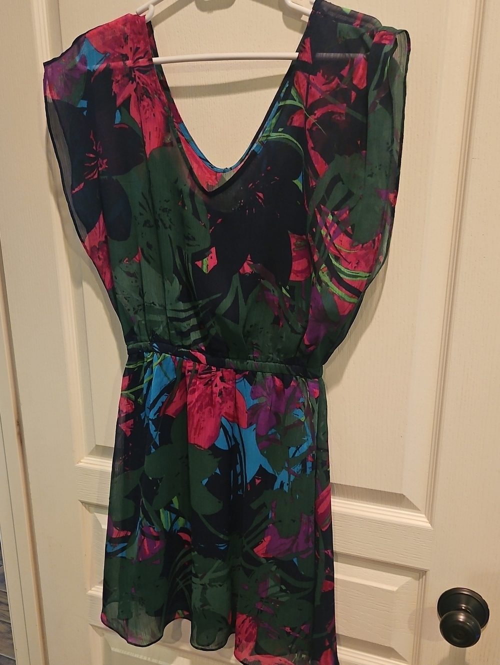 Express Floral V-Neck Mini Dress in Green, Pink and Blue